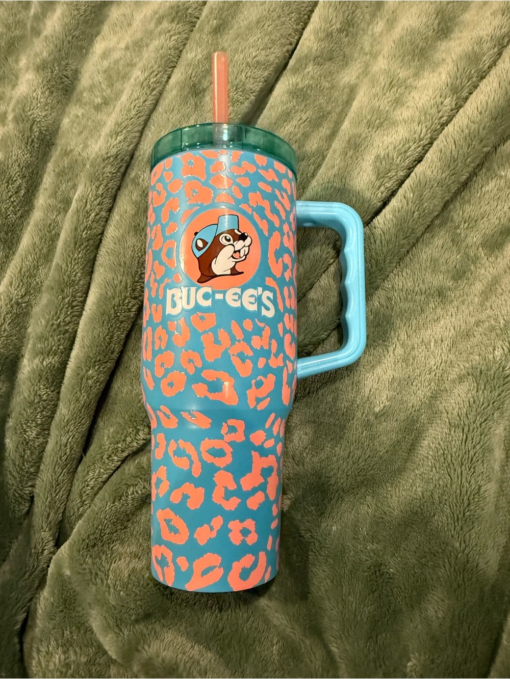 Buc-ee's 40oz Turquoise & Coral Leopard Print Travel Tumbler with Handle